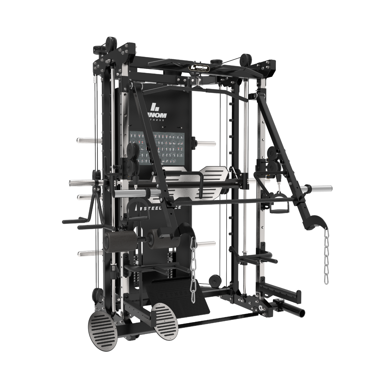 Multigym B12-V2 Mobile Arms, Double Pulley (100 Kg x2), Power Rack, Leg Press, Multipower, Rower and accessories